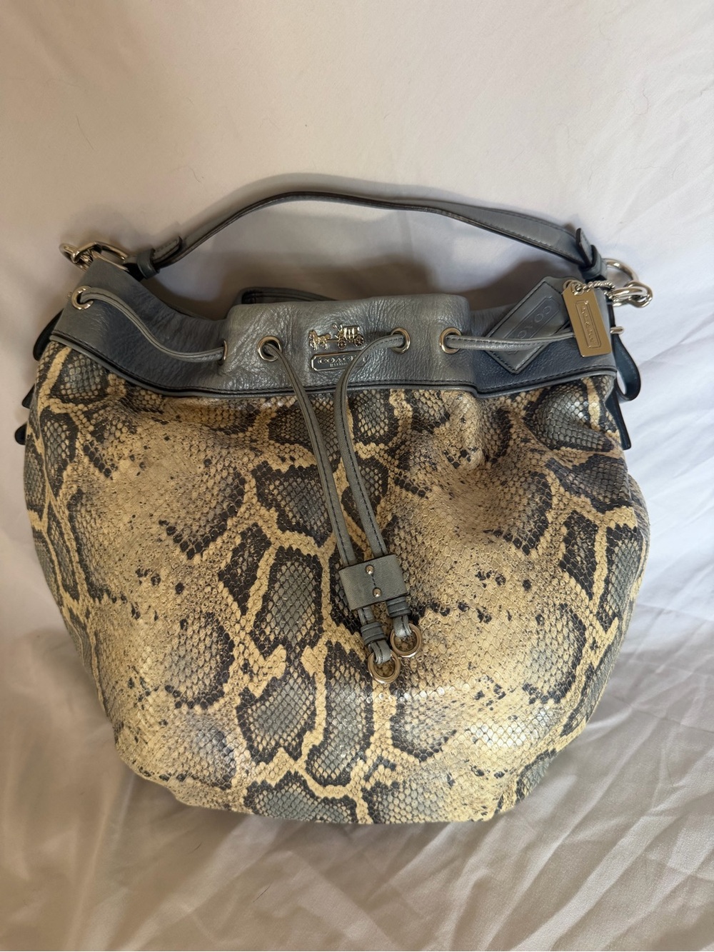 Coach Gray-Trim Snakeskin-Pattern Drawstring Hobo